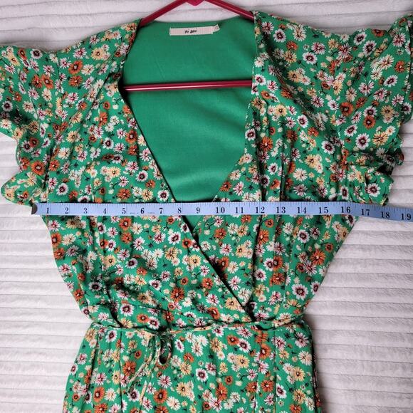 Mi Ami Green Floral True Wrap Dress M Lined Boho Cottagecore Flutter Sleeve Soft - Picture 7 of 10